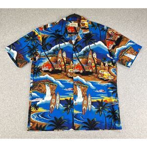 Vtg Royal Hawaiian Creations Waikiki Aloha Shirt Men's‎ L Blue Beach Made USA